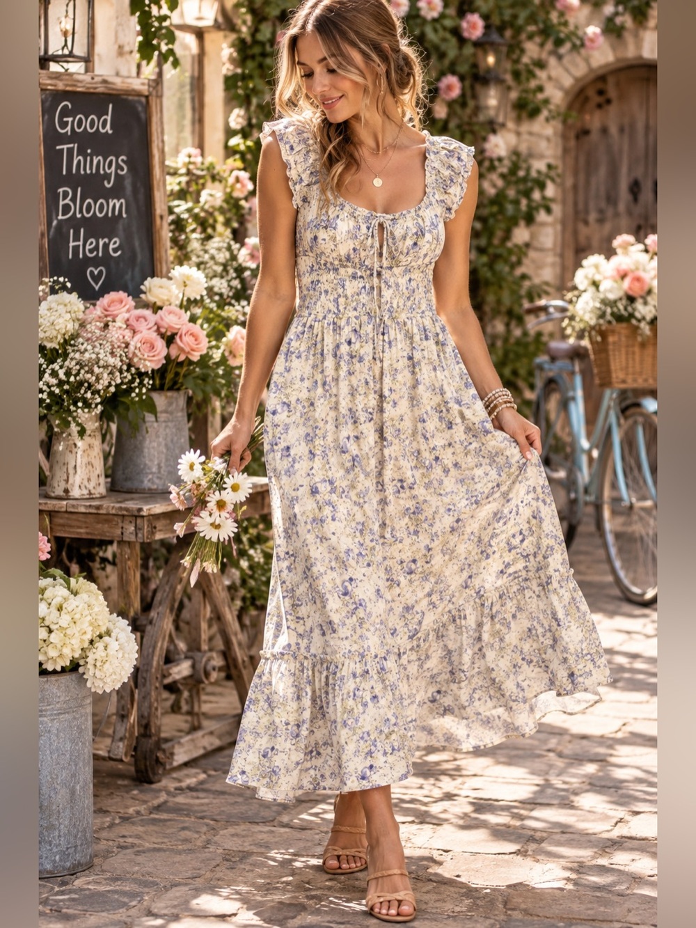 Floral Smocked Maxi Dress in Cream and Blue